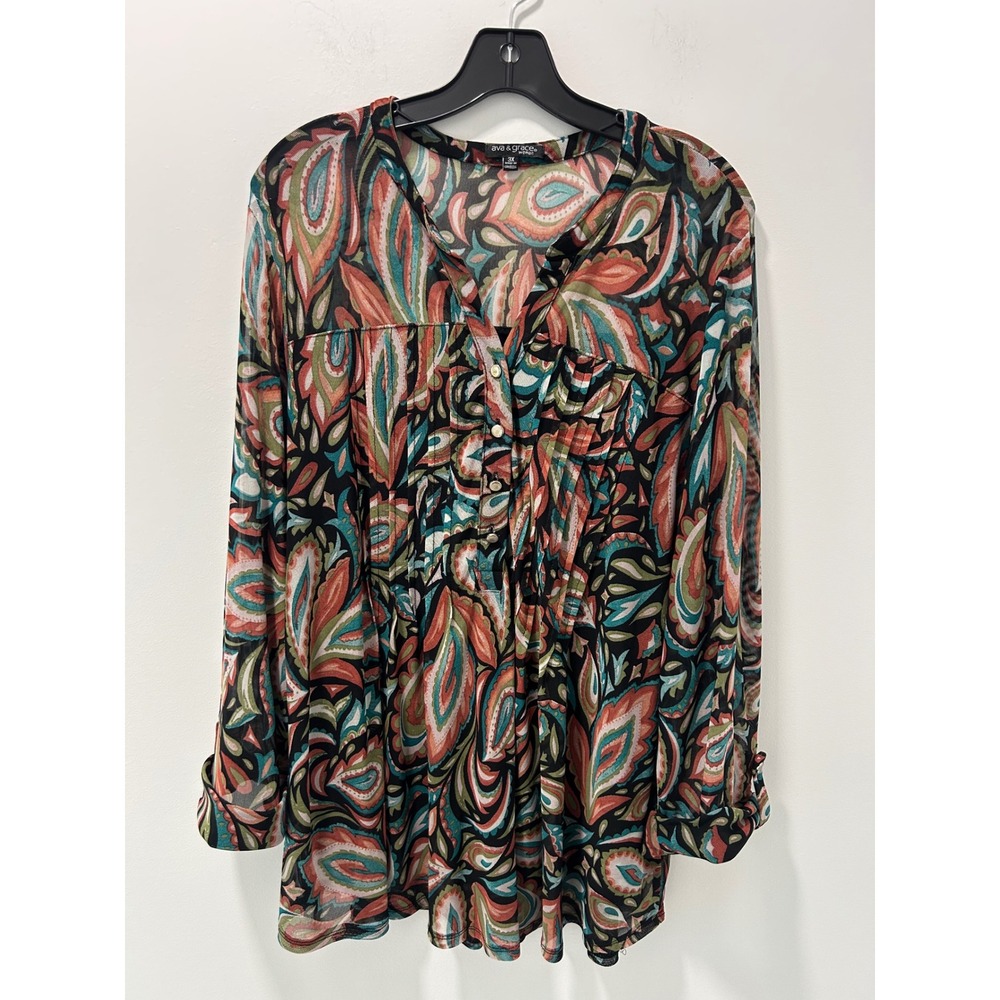 Ava & Grace Woman Paisley Mesh Tunic Top 3X Button Front Roll Tab Sleeve Blouse